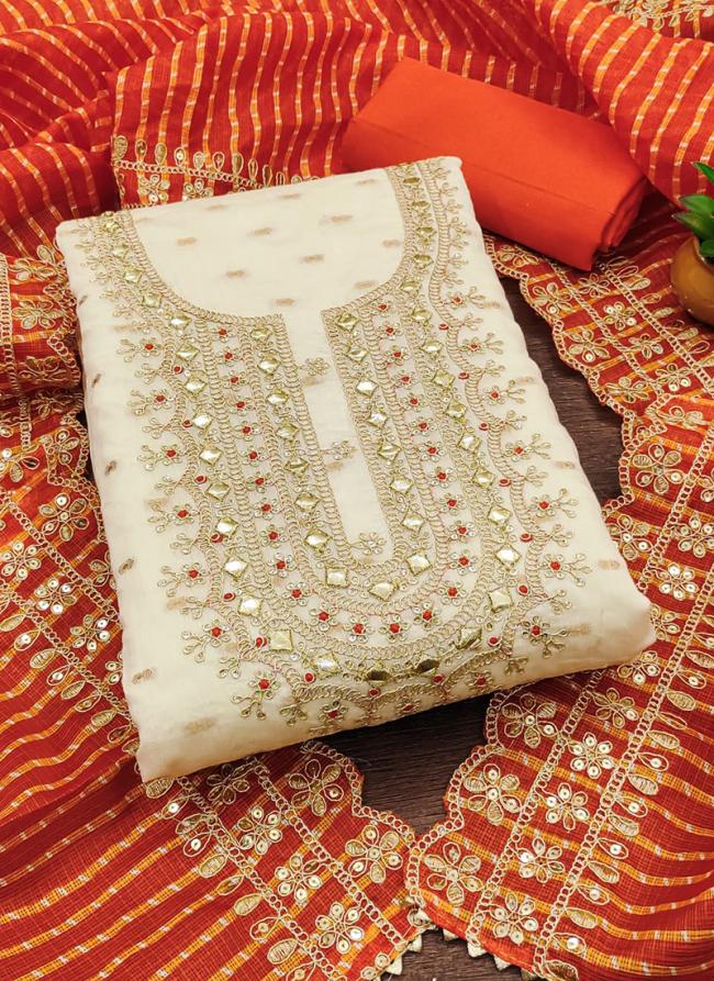 Chanderi Orange Festival Wear Codding Work Dress Material